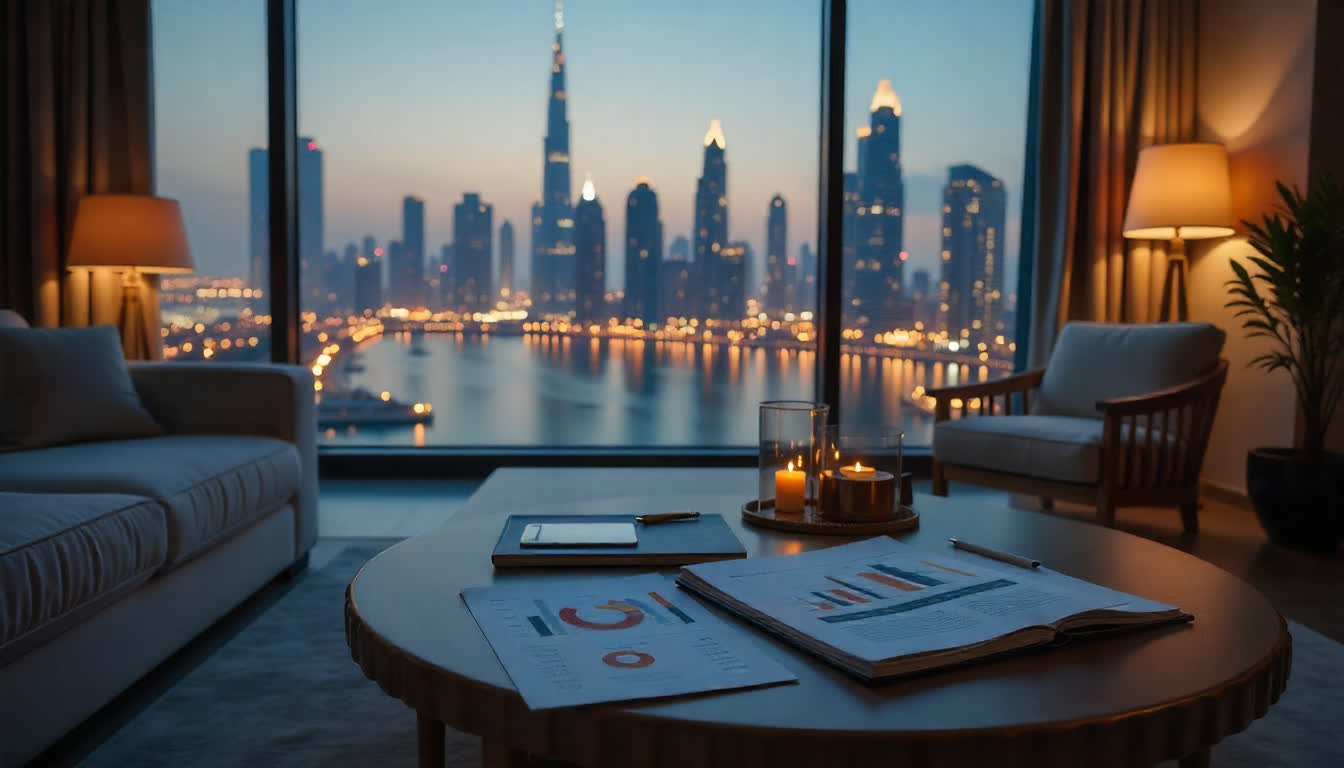 Real estate investment concept with UAE skyline, charts, and financial theme