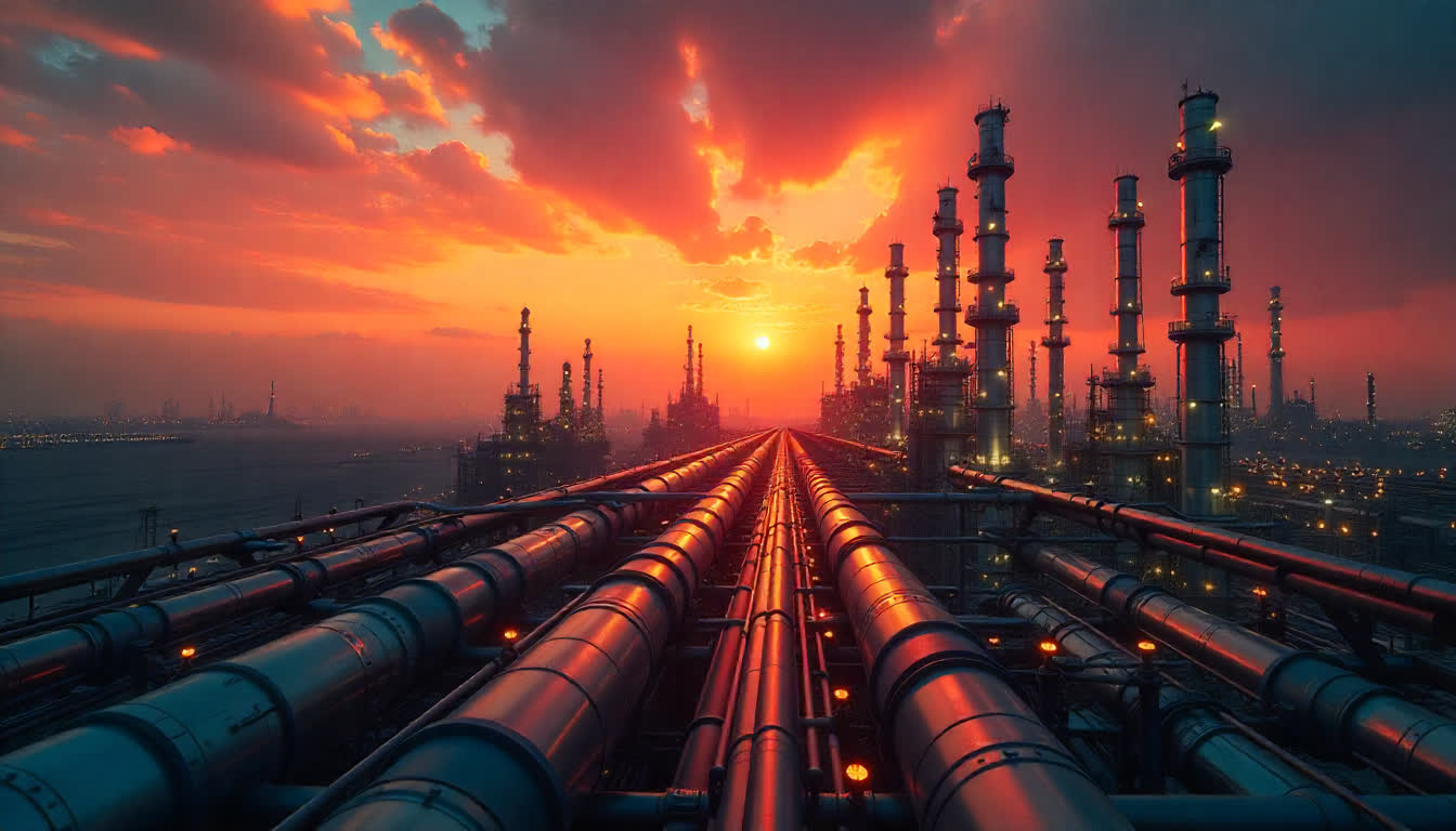 Ruwais city, industrial skyline, refinery at sunset, futuristic tone