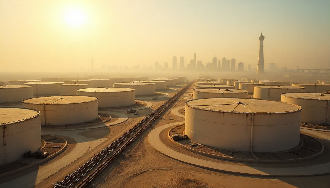 Ruwais industrial area with oil facilities and city skyline