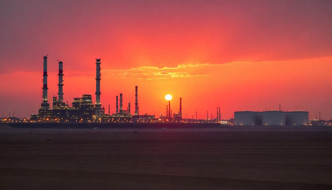 Ruwais industrial district with refineries, oil tanks, and desert, 16:9