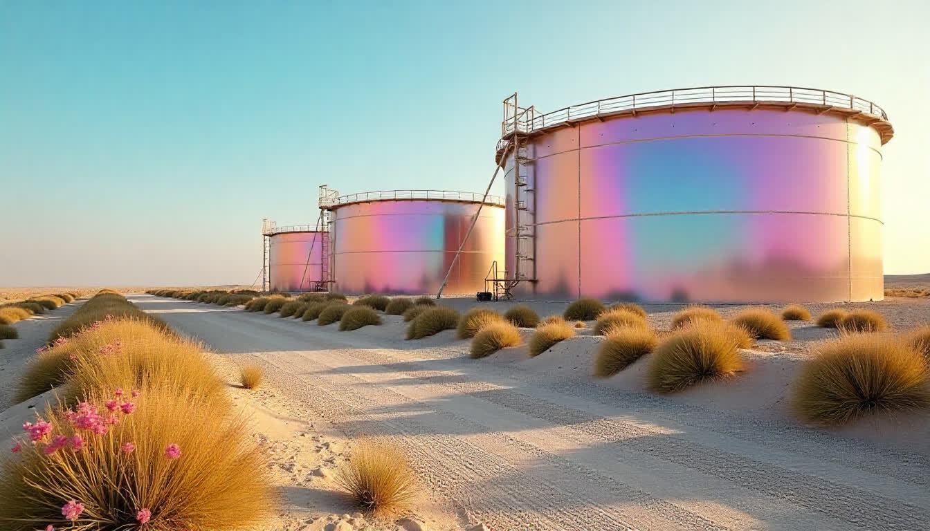Ruwais industrial plant with fuel tanks and desert backdrop, 16:9