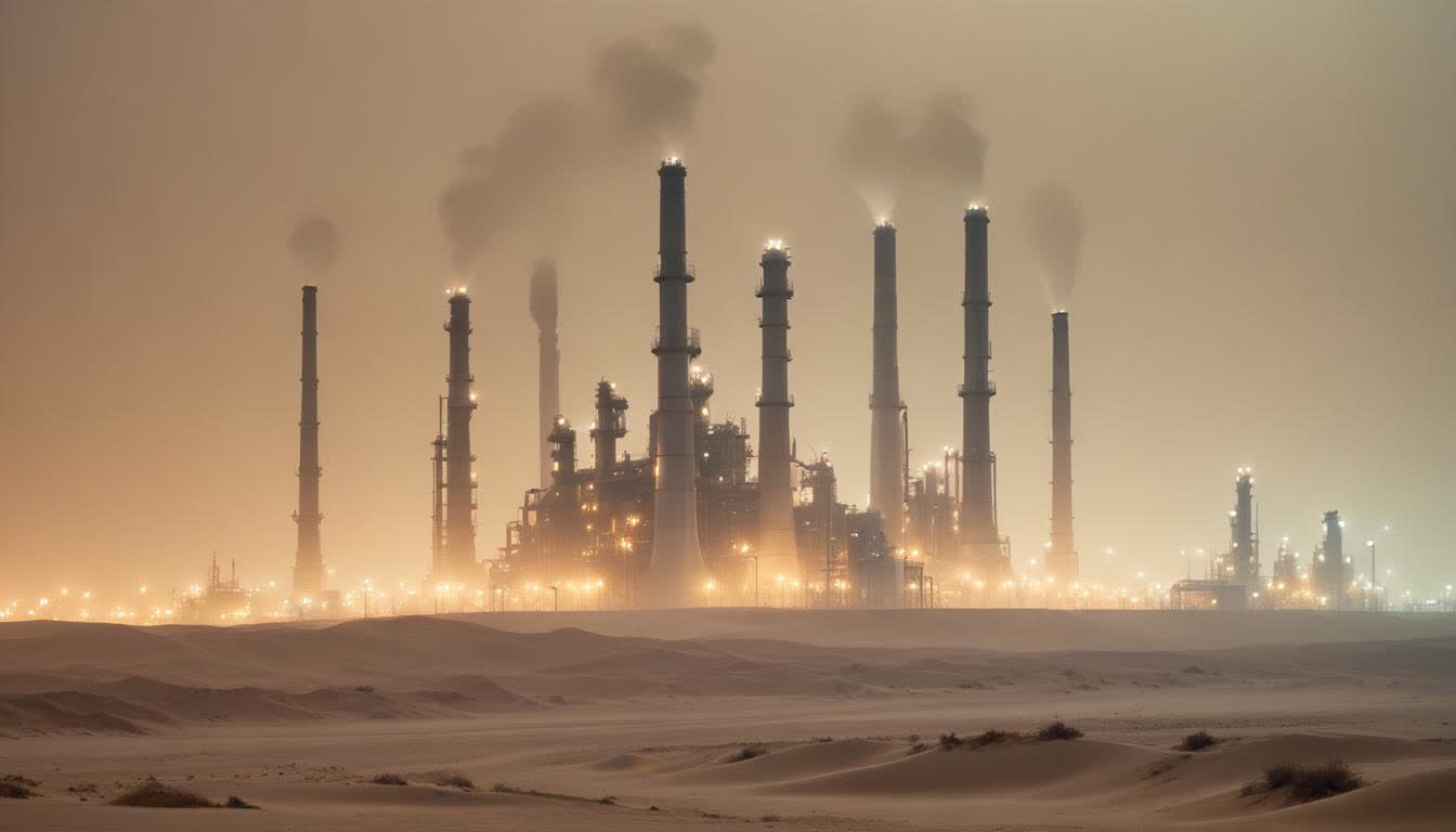 Ruwais oil refinery with industrial landscape and desert surroundings, 16:9