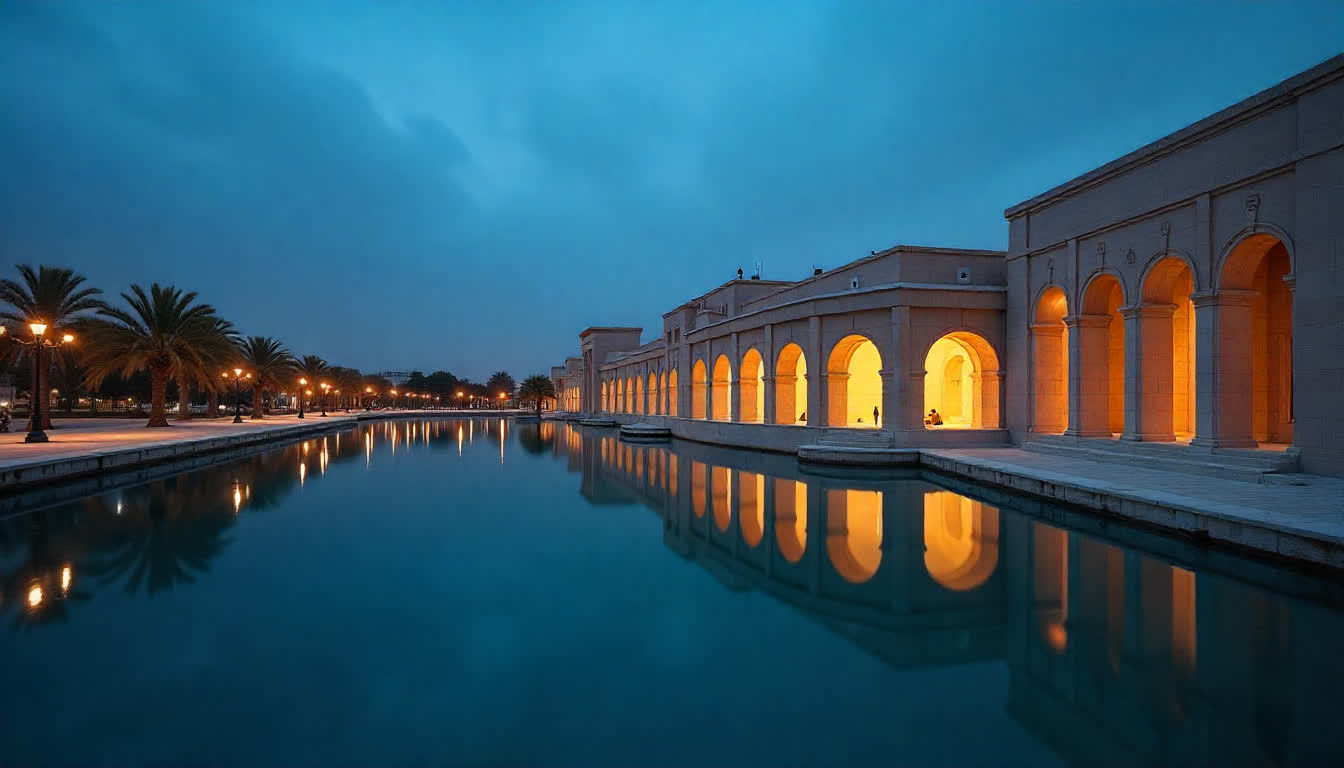 Sharjah City with architectural museum buildings, reflection in water, artistic tone