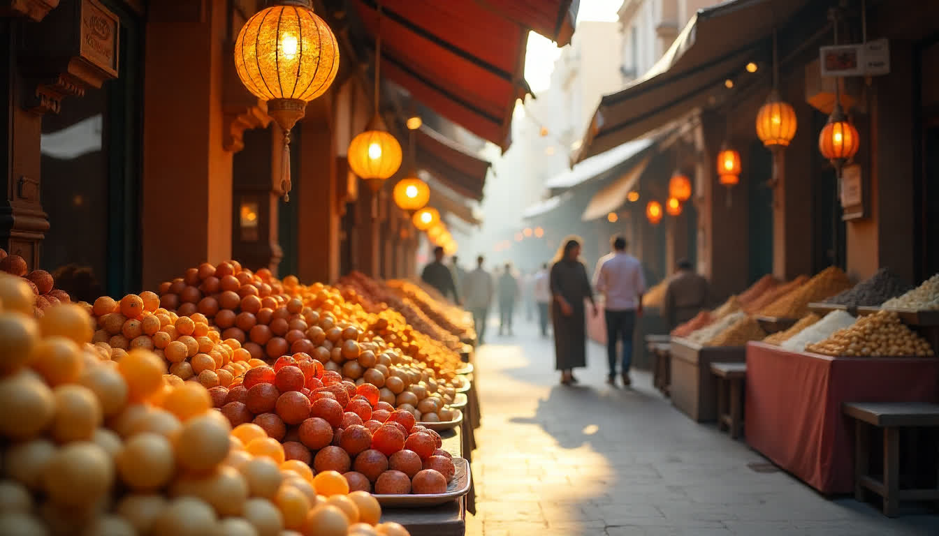 Sharjah souk with colorful fabrics, lanterns, and traditional products