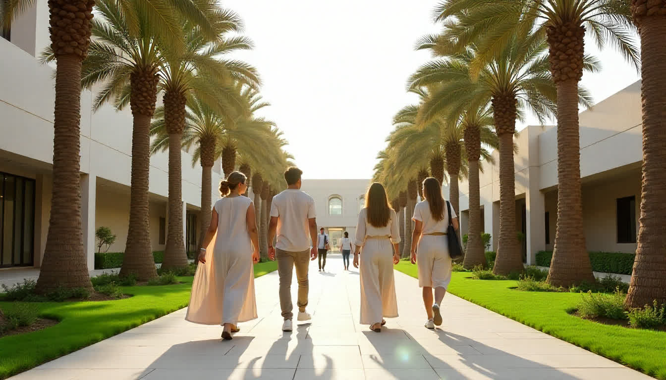 Sharjah university campus, students walking, modern architecture, palm trees around