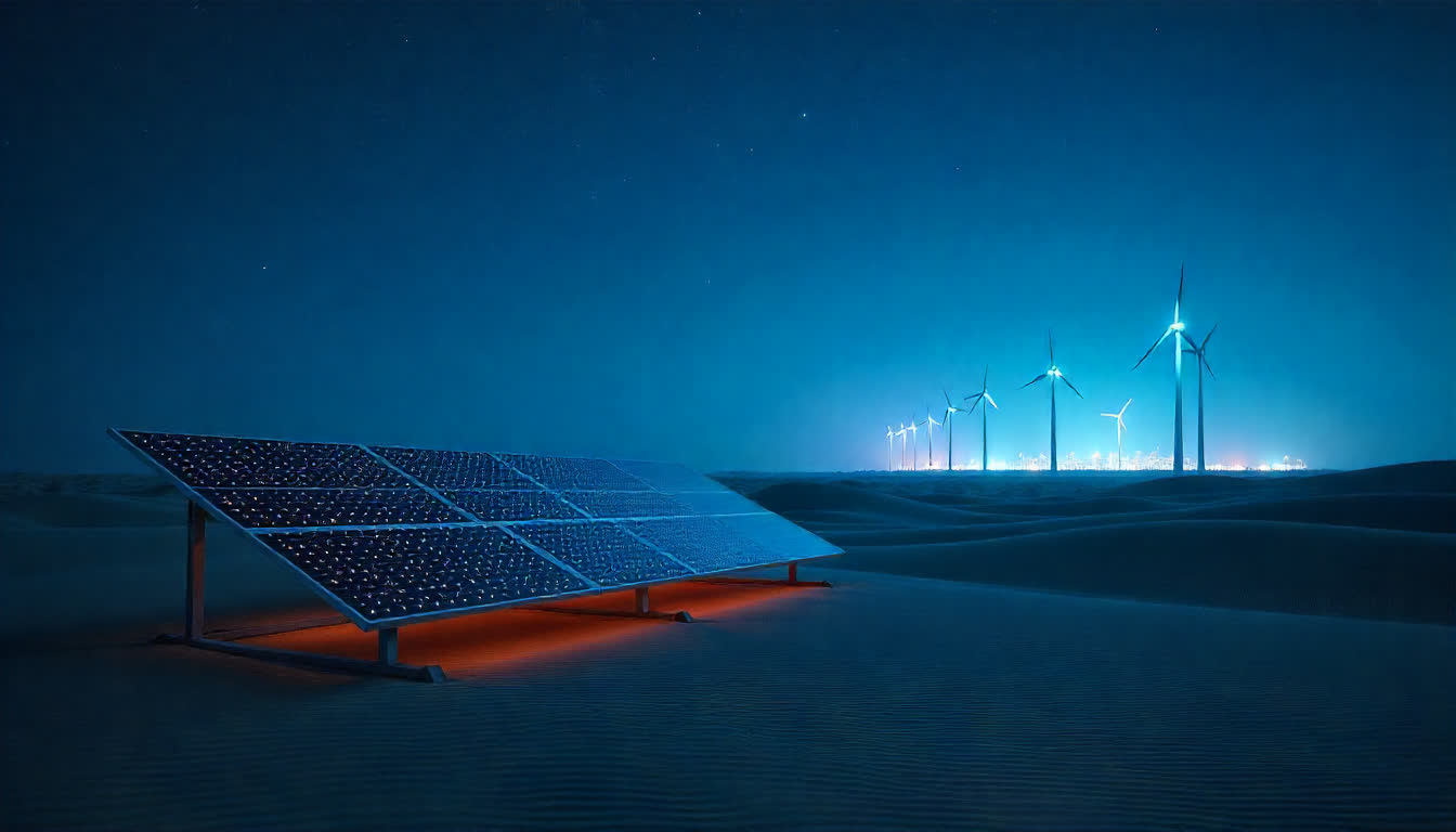 Solar panels and wind turbines in UAE desert with futuristic city