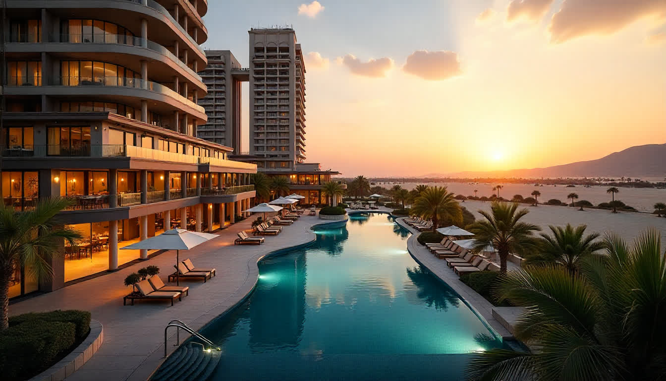 Stunning hotel designs in Abu Al Abyad, sky-high buildings, infinity pools, and luxury amenities