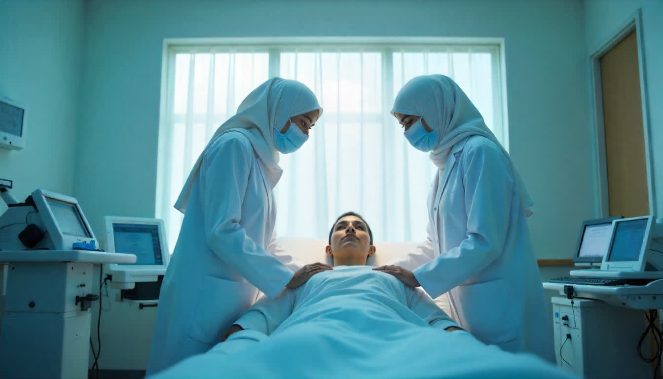 UAE hospital interior with doctors and modern medical equipment, 16:9