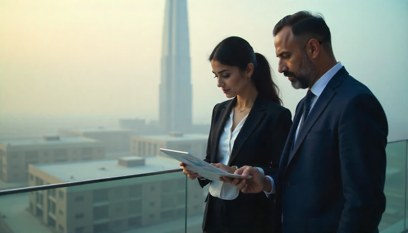 UAE real estate analysts examining market trends, construction sites, and investment opportunities