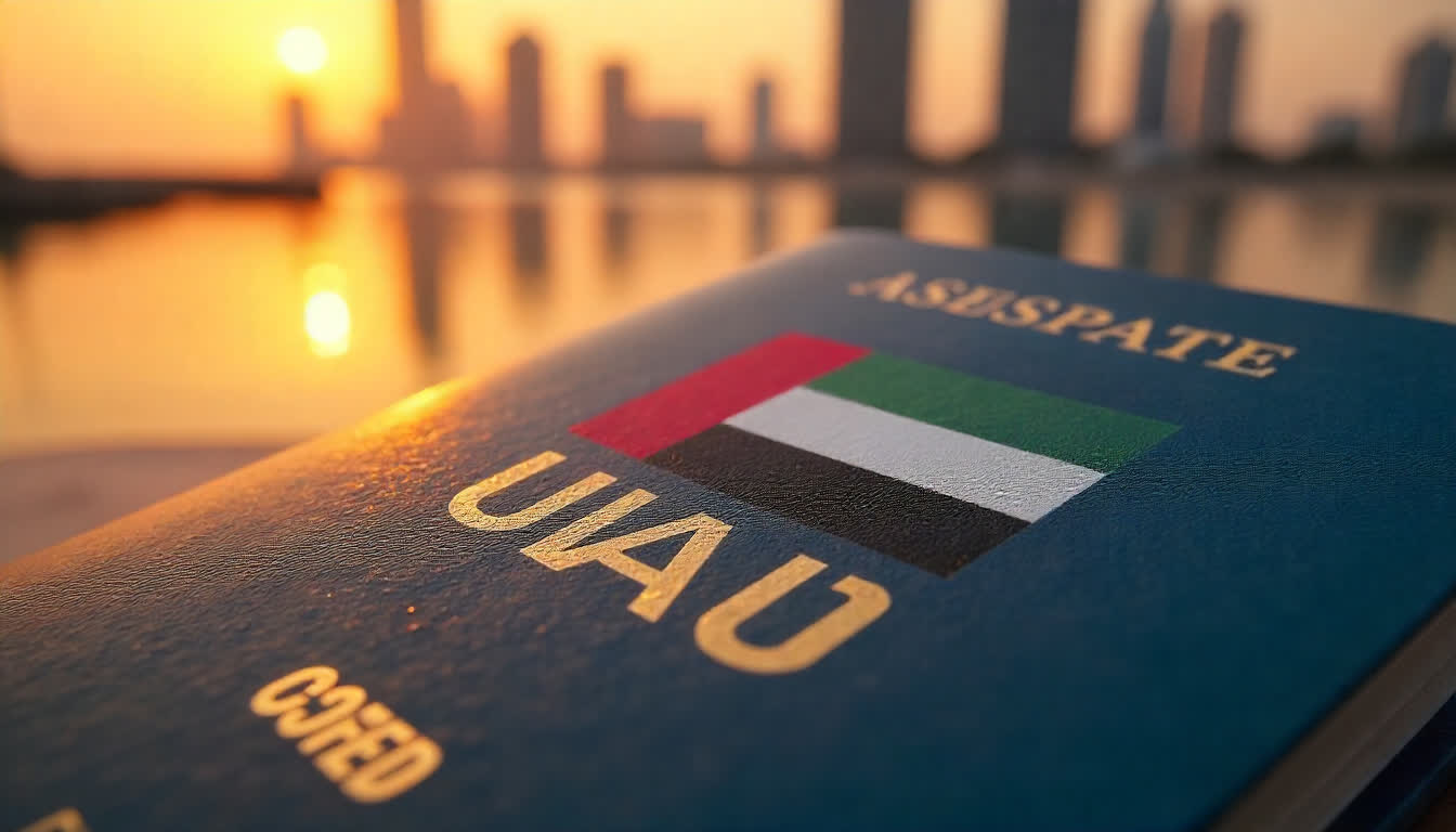 UAE residence visa concept with passport, flag, and city skyline