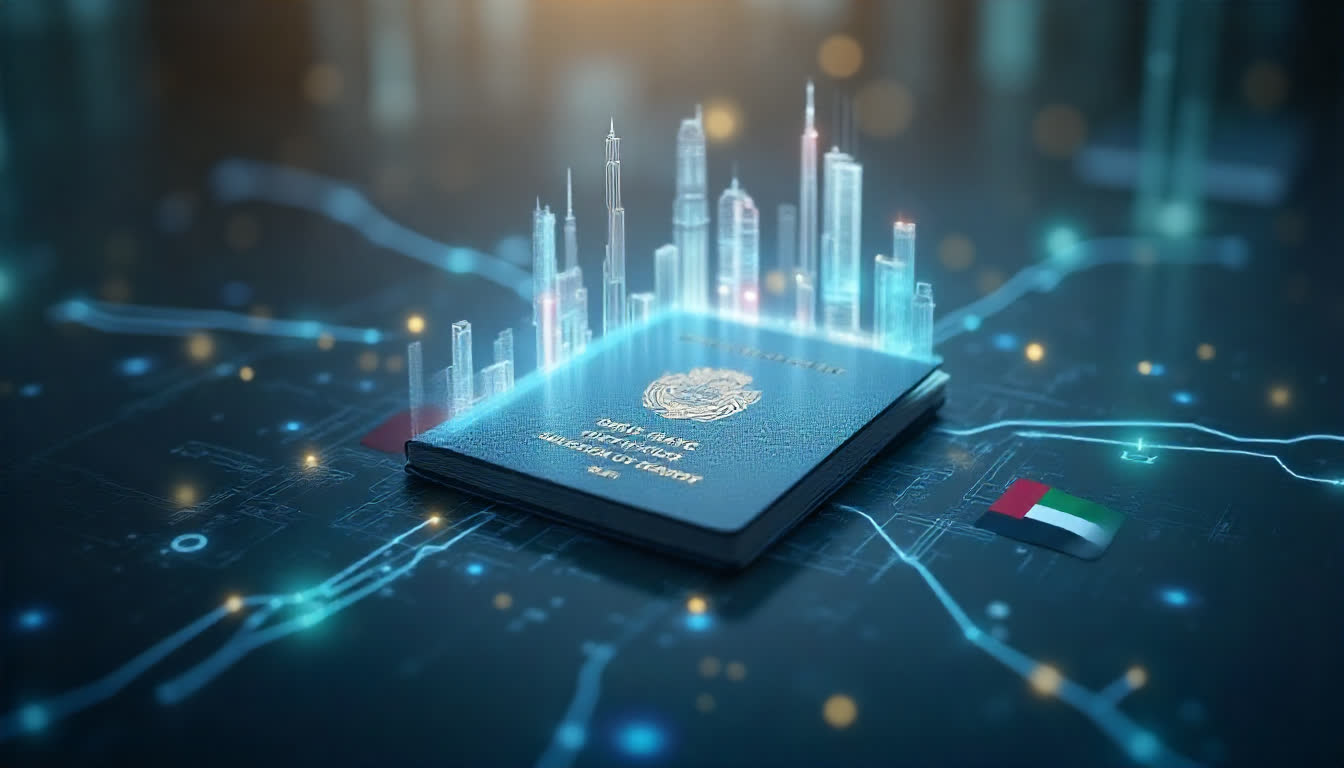 UAE residence visa concept with passport, flag, and modern city skyline, 16:9