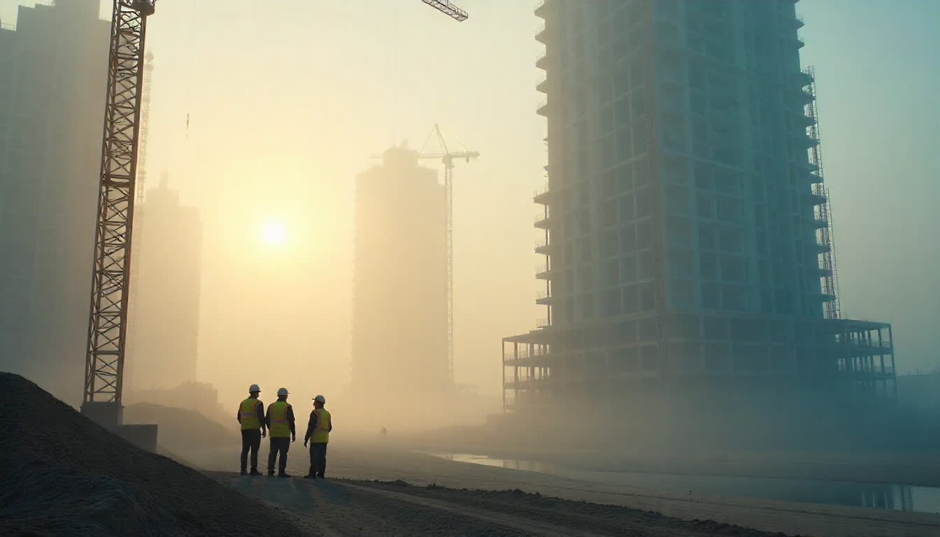 UAE skyscraper construction with cranes, innovative materials, and engineers at work