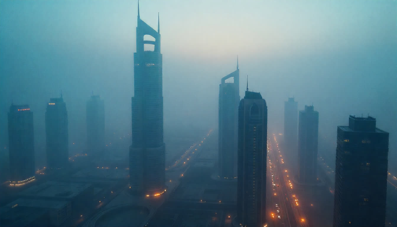 UAE skyscrapers view with futuristic architecture, business district, glowing night city lights, finance and real estate