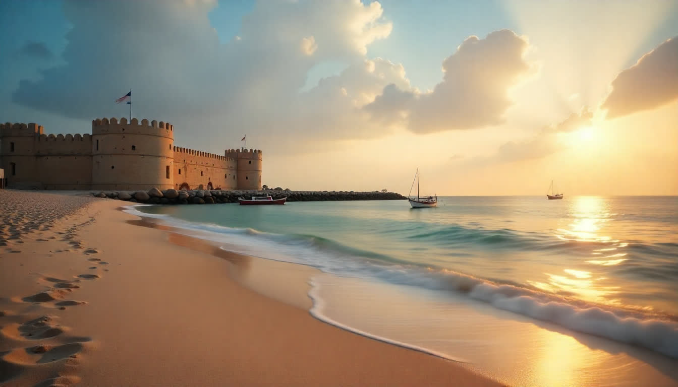 Umm Al Quwain beach, fishing boats, old fort, peaceful seaside town atmosphere