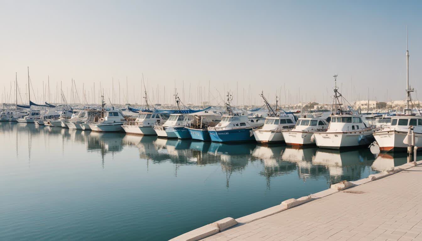 Umm Al Quwain harbor with boats, modern marina design, 16:9