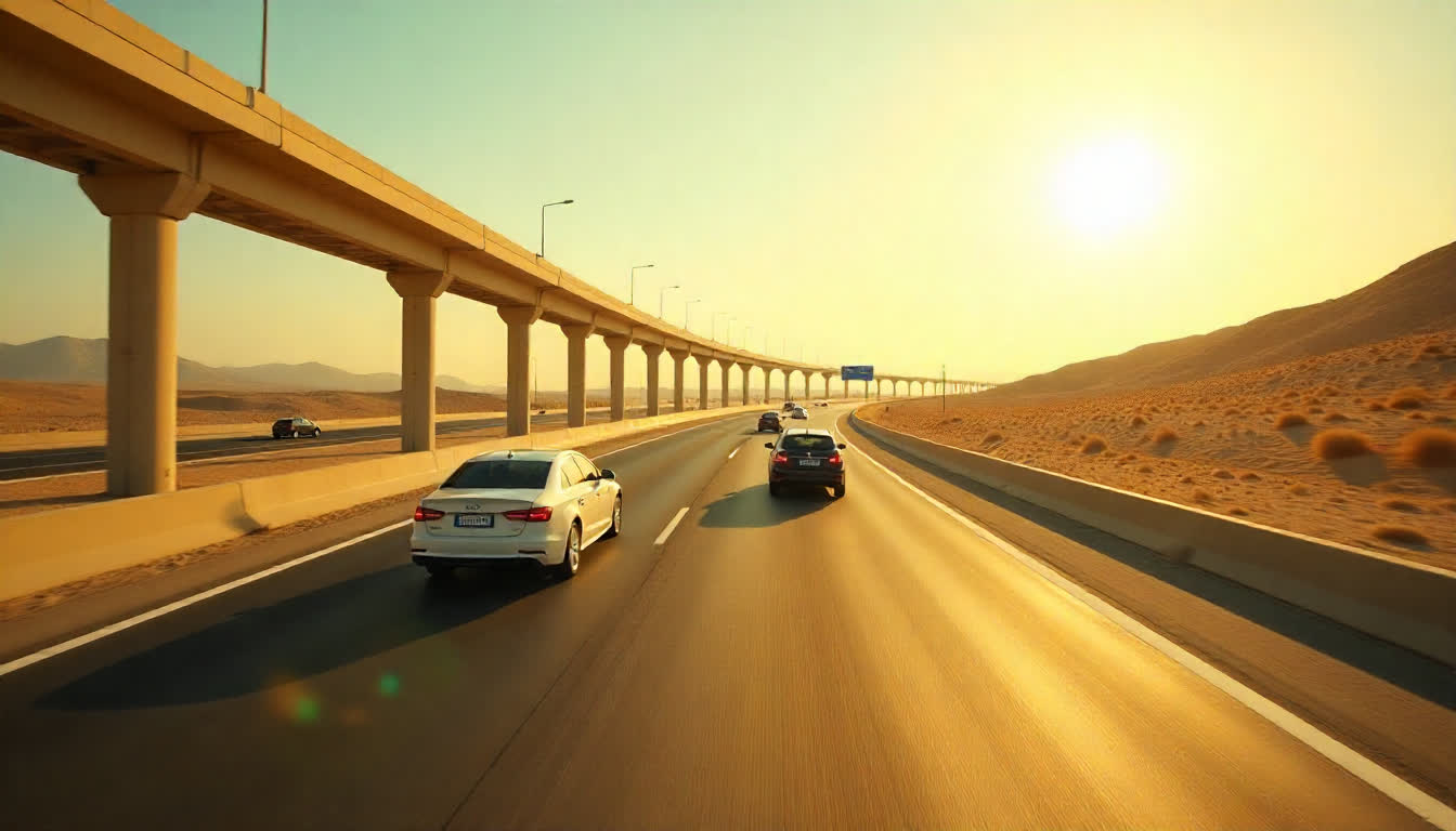 Umm Al Quwain highway with cars, modern bridges and desert landscape, 16:9