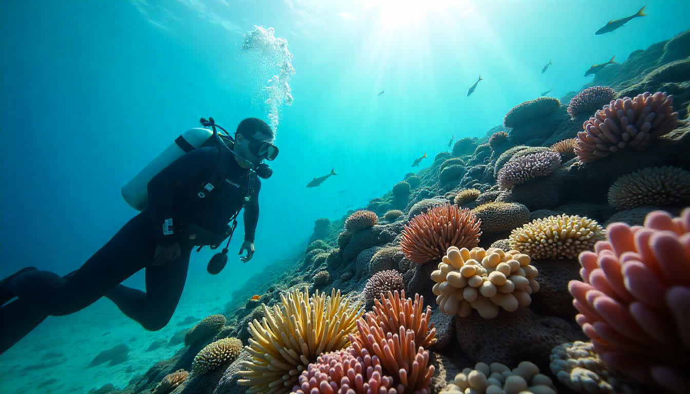 Umm Al Quwain underwater coral reef, diver, colorful fish, peaceful underwater scenery
