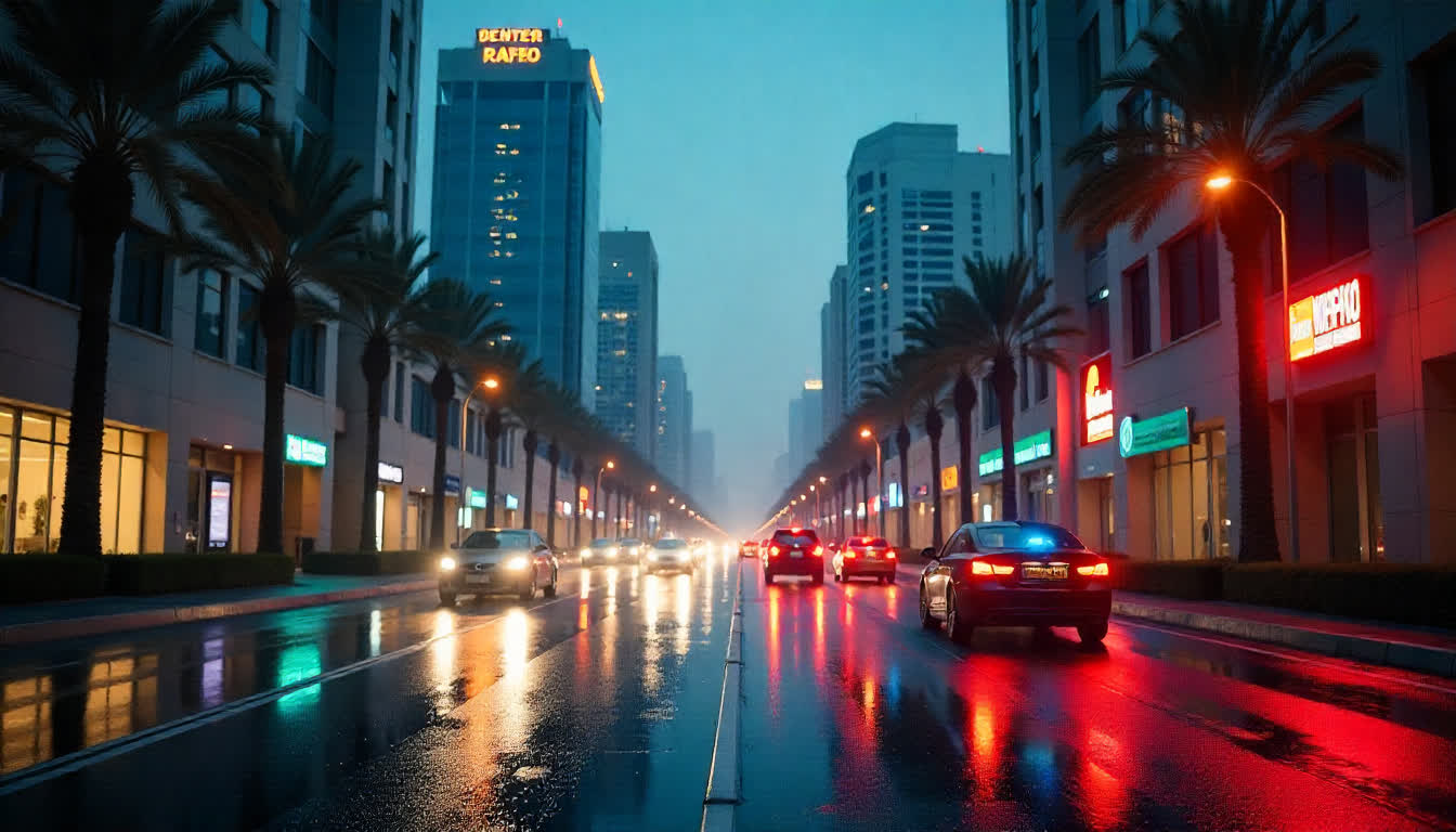 Zayed City business buildings skyline at dusk, 16:9