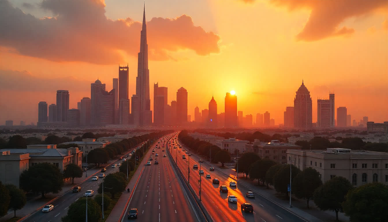 Zayed City skyline at sunset with modern towers and culture landmarks, 16:9
